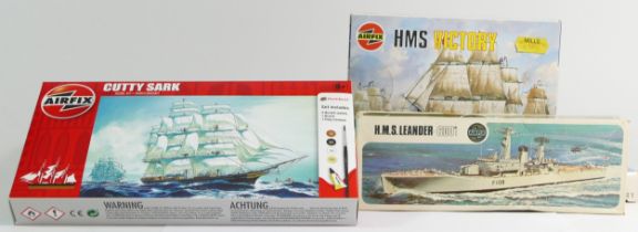 Airfix, nine vintage plastic kits of maritime models, HMS Leander 600th scale model, 01206-9,