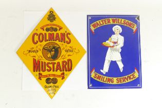 A reproduction vitreous enamel Colman's Mustard diamond shaped sign, 34 x 26cm together with a