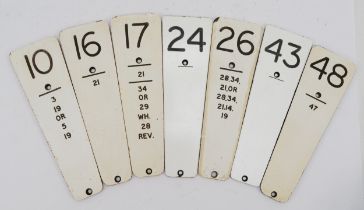 7 Traffolite signal lever identification plates to include numbers 10, 16, 17, 24, 26, 43 and 48 (7)