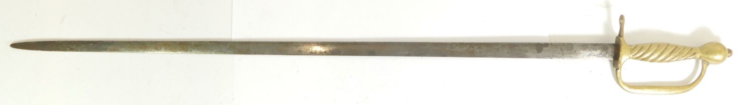 A 19th century sword, steel hilt, blade 77cm, metal scabbard, probably not original to it,