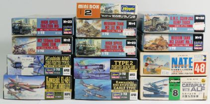 Hasegawa, twelve vintage plastic 1:72 kits of aviation and military models, MB-002, Mt22 31122,