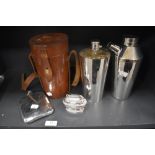 A selection of vintage plated ware, including leather carry case with flask, Ronson desk top lighter