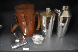 A selection of vintage plated ware, including leather carry case with flask, Ronson desk top lighter