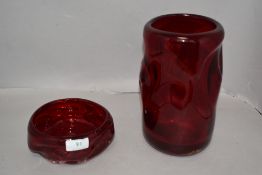Two heavy pieces of vintage ruby art glass including ruby red Whitefriars 'Knobbley' pattern.