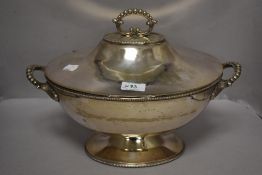An early 20th century Mappin and Webb silver plated lidded soup tureen of typical design with