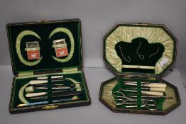 An early 20th century cased manicure set, with vibrant green fitted interior, one tool replaced