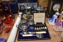 A mixed lot of flat ware amongst which are boxed tea spoons, fish servers with bone handles, tray,