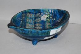 A mid century Italian Aldo londi for Bitossi ceramic Rimini blue footed dish in leaf form, marked to