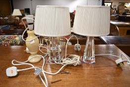 A pair of glass table lamps and pair of alabaster table lamps