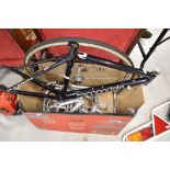 A selection of bike parts comprising Cannondale 48cm frame set, 2 Campagnolo chain sets, 2 Cinelli