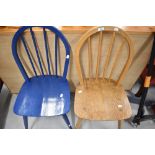 Two vintage Ercol hoop and stick back kitchen chairs, one having been over painted in blue