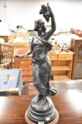 A large spelter figure, maiden with grapes, signed J Causse , height approx. 73cm including plinth