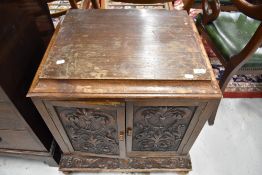 An interesting late 19th or early 20th Century low cabinet having carved panel decoration , later