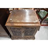 An interesting late 19th or early 20th Century low cabinet having carved panel decoration , later