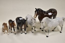 Six Beswick animal figure studies including Shetland pony no. 1033, Shetland Pony Hollydell Dixie