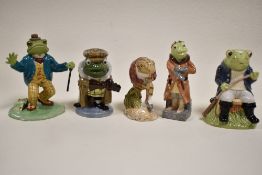 Five cartoon character toad and frog figures including Royal Albert ' Jeremy Fisher ', Royal Doulton
