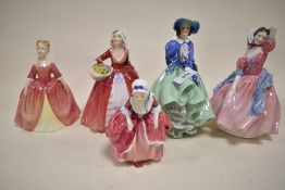 Five Royal Doulton figures including Top 'o' The Hill HN1833, Maytime HN2113, Debbie HN2400, Goody