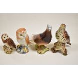 Four Beswick bird figure studies including Thrush no. 2308, Barn owl no. 2026, Barn owl no. 3272 and