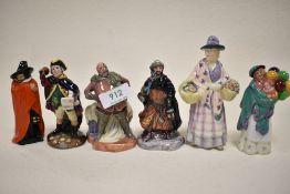 Six miniature Royal Doulton figure studies including Balloon Seller HN2130, Town Cryer HN3261,