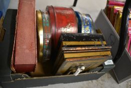 Five assorted vintage tins and boxes and a cash tin with key.
