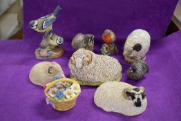 Six assorted sheep studies, two Royal Worcester bird studies, Blue Tits 3375 and Robin 3197 and a