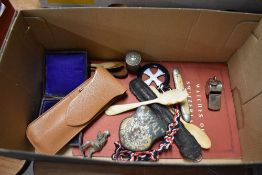 A miscellaneous selection of items including a tire tread measure, five horn spoons and a CT W's