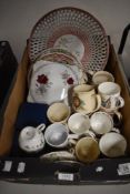 A collection of Coronation ware mugs, a Wedgwood 'Wild Strawberry' trio and a selection of