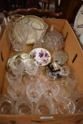 Two heavy cut glass vases, a large rose frog, a selection of wine/liqueur glasses and three assorted
