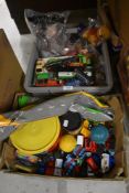Two boxes of mixed toys including ERTL and similar Thomas the Tank Engine, 1981 Rubik's Cube in box,