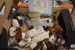 A box of mixed vintage Dolls Shoes, early to modern along with a hair brush set in box