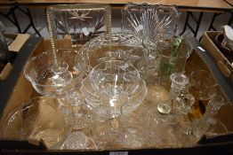 Two Dartington Glass stemmed bowls and a small vase, a green handled water jug and a selection of