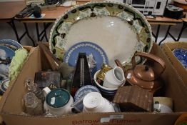 A Burslen meat platter, a selection of Jasper ware, a copper kettle and brass doorbell etc