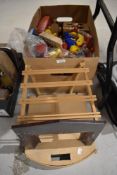A shelf of vintage wooden and plastic Toys including Pollocks Theatre (af), Pull Along, Puzzles etc