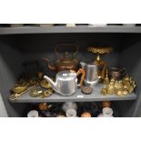 A selection of hardware including Picquot ware, copper kettle, brass trivet and brass ornaments