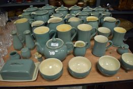 A quantity of green Denby stoneware tea wares, mainly teapots (14) jugs (6) butter dish, condiments
