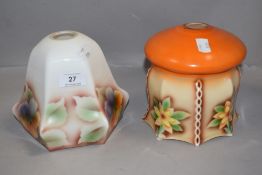 Two Art Deco milk glass light shades having painted floral designs