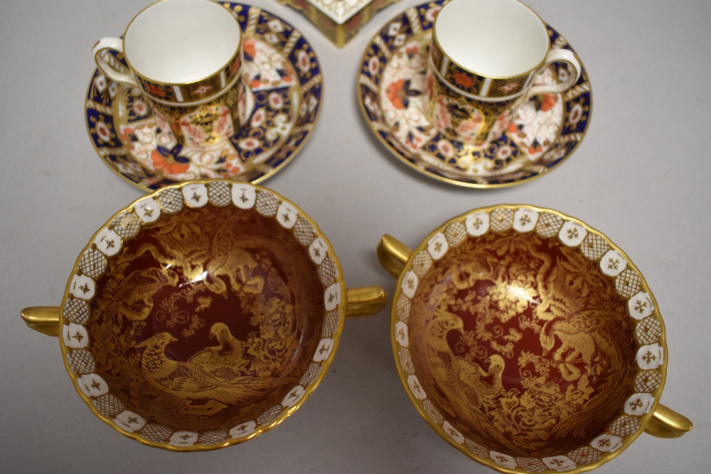 A Royal Crown Derby 1128 pattern socle form candlestick, two matching coffee cans and Imari - Image 2 of 5