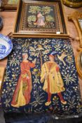 A modern needlework embroidery, of medieval design, depicting a lone female and orchard scene,