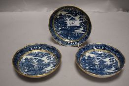 Three antique Caughley ware deep dished saucers with a Chinese temple design. All three in good