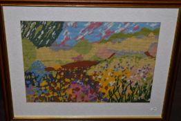 (20th century), a woolwork picture, stylised landscape, 34 x 48cm, mounted framed and glazed, 55 x