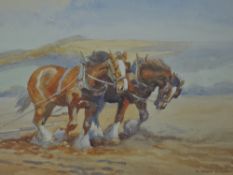 Mabel Amber Kingwell, (1890-1924), a watercolour, heavy horses ploughing, signed, 21 x 40cm, gilt