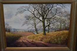 P J Greenhill, (contemporary), an oil painting, country lane, signed, 44 x 59cm, framed, 59 x 74cm