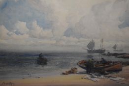 John E Aitkin, (1881-1957), a watercolour, Landing the Catch, signed and attributed verso, 31 x