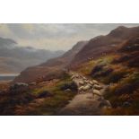 William Mellor, (1851-1931), an oil painting, sheep on a mountain pass, signed, 50 x 75cm, later