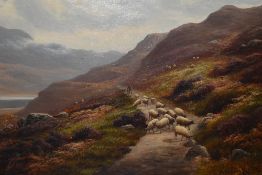 William Mellor, (1851-1931), an oil painting, sheep on a mountain pass, signed, 50 x 75cm, later