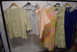 Six items of ladies 1960ds and 70s clothing, including psychedellic patterned shift dress.