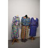 Three vintage 1980s brightly patterned outfits, including 100 percent silk Diane Fres dress.