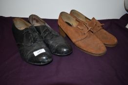 A pair of black 1940s shoes with low stack heel, AF, some age related wear and a pair of 1970s suede