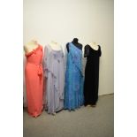 Four vintage 1960s and 70s dresses, three of floaty chiffon and a black velvet Polly Peck maxi