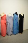 Four vintage 1960s and 70s dresses, three of floaty chiffon and a black velvet Polly Peck maxi